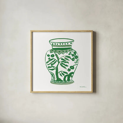 Chinoiserie IV Green by Farida Zaman. Shown in a natural wood glass frame for a timeless modern aesthetic. Available as an archival giclee rolled canvas, fine art paper, or poster print. SKU 46157a.