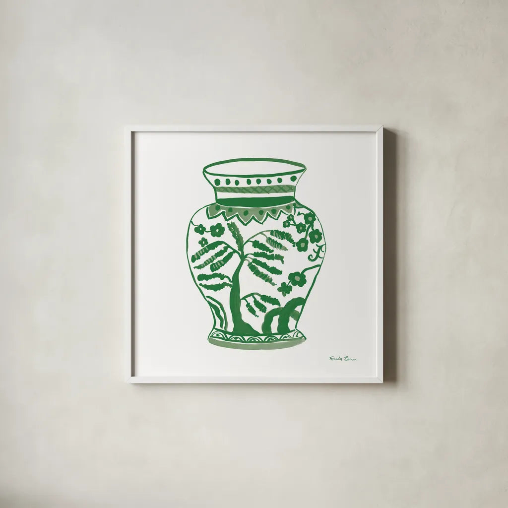 Chinoiserie IV Green by Farida Zaman. Shown in a crisp white glass frame for a clean and minimalist style. Available as an archival giclee rolled canvas, fine art paper, or poster print. SKU 46157a.