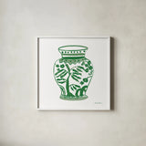 Chinoiserie IV Green by Farida Zaman. Shown in a crisp white glass frame for a clean and minimalist style. Available as an archival giclee rolled canvas, fine art paper, or poster print. SKU 46157a.