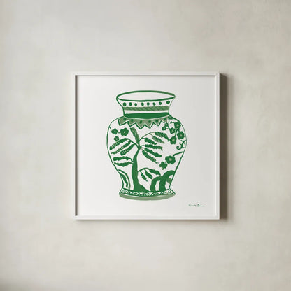 Chinoiserie IV Green by Farida Zaman. Shown in a crisp white glass frame for a clean and minimalist style. Available as an archival giclee rolled canvas, fine art paper, or poster print. SKU 46157a.