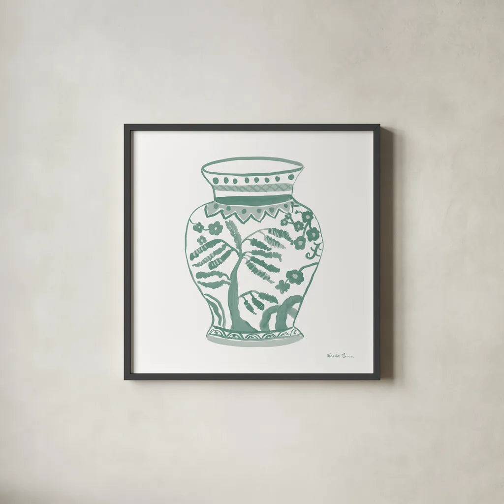 Chinoiserie IV Pastel by Farida Zaman. Shown in a sleek black glass frame for a contemporary gallery look. Available as an archival giclee rolled canvas, fine art paper, or poster print. SKU 82373a.