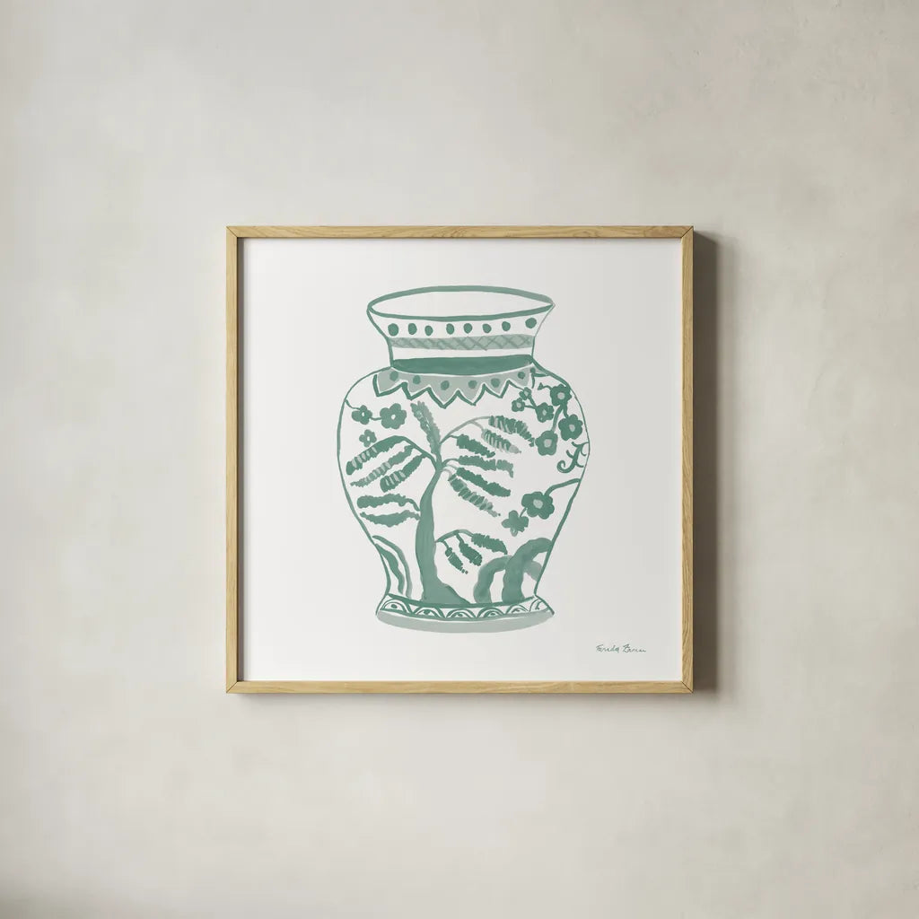 Chinoiserie IV Pastel by Farida Zaman. Shown in a natural wood glass frame for a timeless modern aesthetic. Available as an archival giclee rolled canvas, fine art paper, or poster print. SKU 82373a.