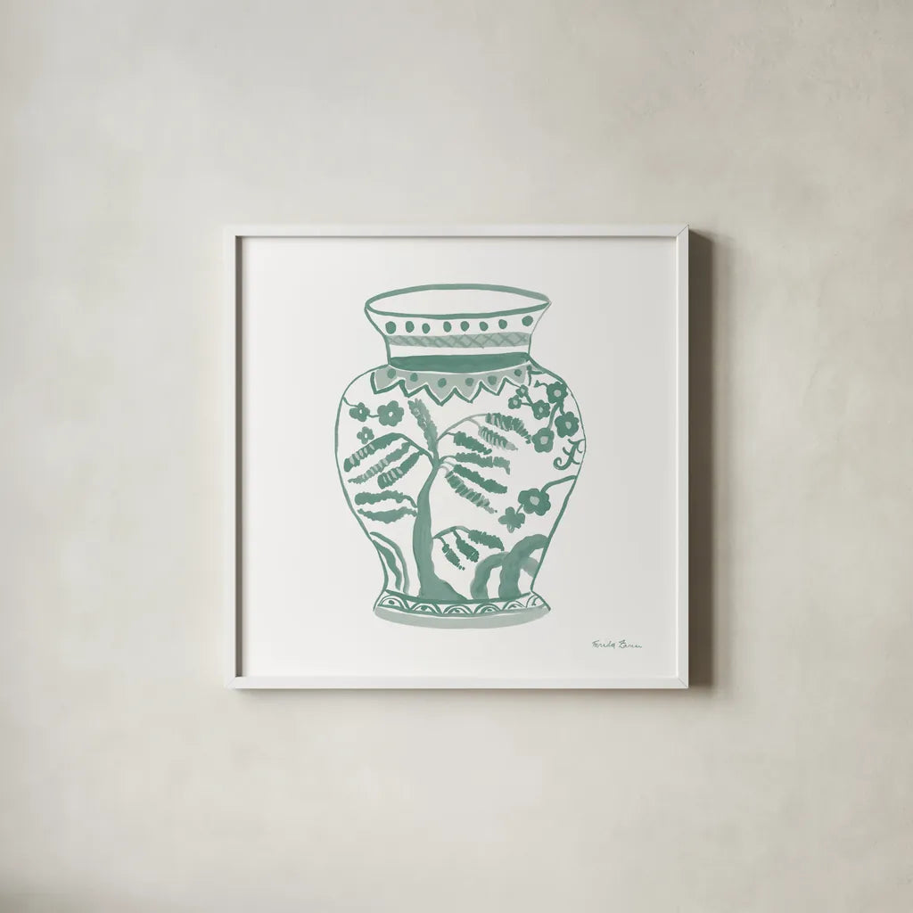 Chinoiserie IV Pastel by Farida Zaman. Shown in a crisp white glass frame for a clean and minimalist style. Available as an archival giclee rolled canvas, fine art paper, or poster print. SKU 82373a.