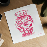 Chinoiserie IV Pink by Farida Zaman. Shown as a detailed flat fine art print, highlighting archival giclee quality. Available as an archival giclee rolled canvas, fine art paper, or poster print. SKU 46156a.