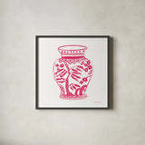Chinoiserie IV Pink by Farida Zaman. Shown in a sleek black glass frame for a contemporary gallery look. Available as an archival giclee rolled canvas, fine art paper, or poster print. SKU 46156a.