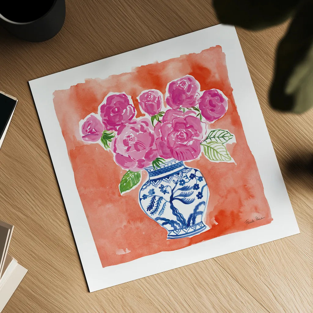 Chinoiserie Roses I by Farida Zaman. Shown as a detailed flat fine art print, highlighting archival giclee quality. Available as an archival giclee rolled canvas, fine art paper, or poster print. SKU 55700a.