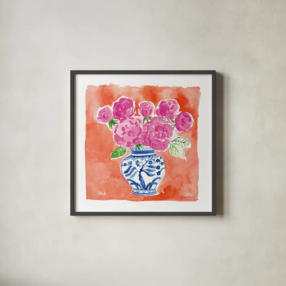 Chinoiserie Roses I by Farida Zaman. Shown in a sleek black glass frame for a contemporary gallery look. Available as an archival giclee rolled canvas, fine art paper, or poster print. SKU 55700a.