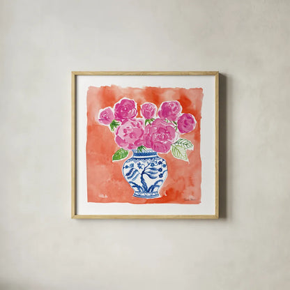 Chinoiserie Roses I by Farida Zaman. Shown in a natural wood glass frame for a timeless modern aesthetic. Available as an archival giclee rolled canvas, fine art paper, or poster print. SKU 55700a.