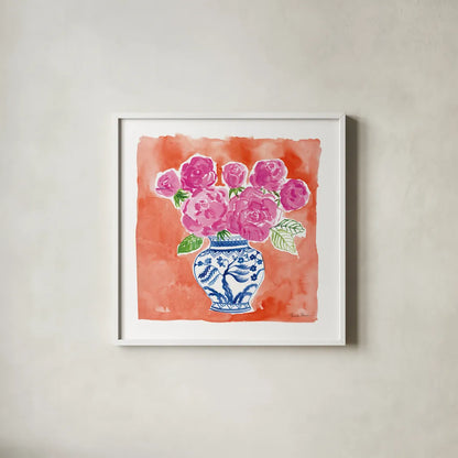 Chinoiserie Roses I by Farida Zaman. Shown in a crisp white glass frame for a clean and minimalist style. Available as an archival giclee rolled canvas, fine art paper, or poster print. SKU 55700a.