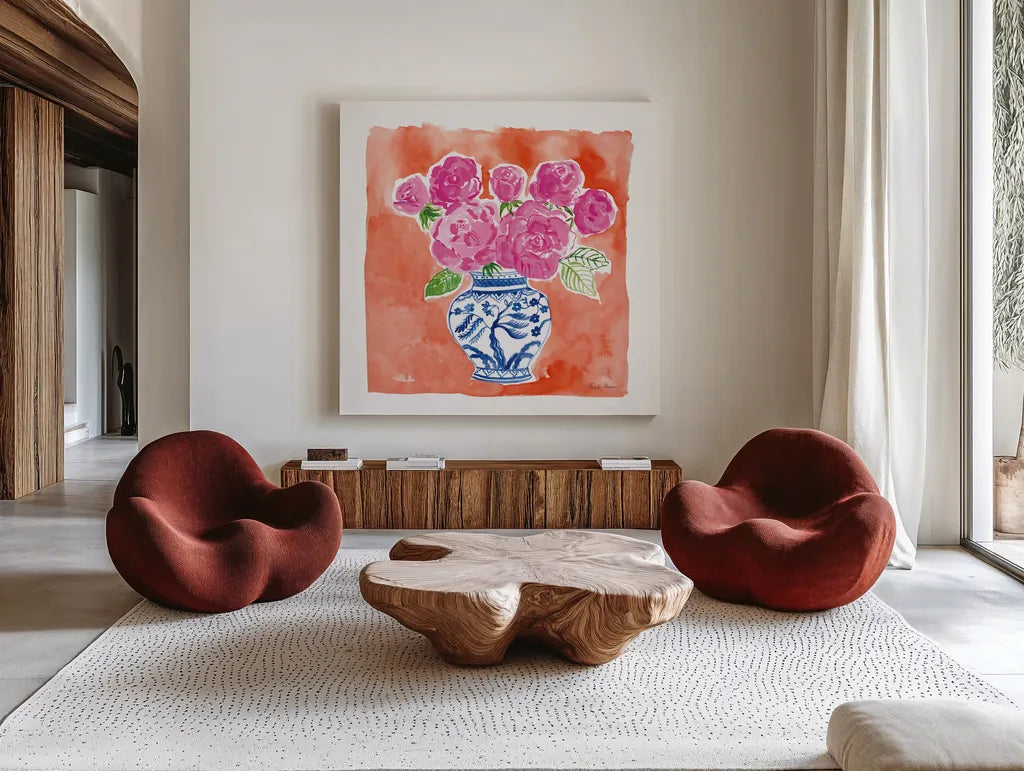 Chinoiserie Roses I by Farida Zaman. Shown as extra-large giant wall art in a modern living room. Available as an archival giclee rolled canvas, fine art paper, or poster print. SKU 55700a.