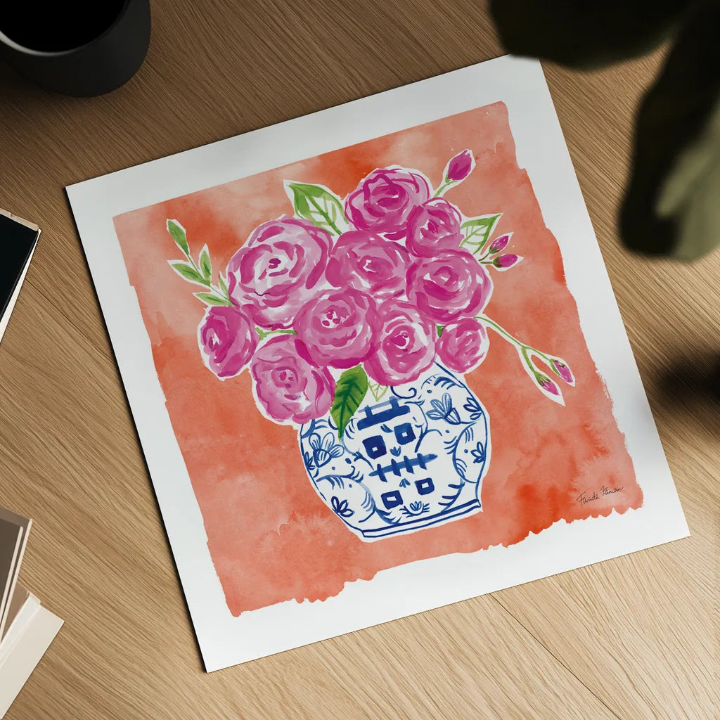 Chinoiserie Roses II by Farida Zaman. Shown as a detailed flat fine art print, highlighting archival giclee quality. Available as an archival giclee rolled canvas, fine art paper, or poster print. SKU 55701a.