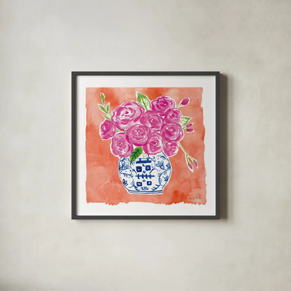 Chinoiserie Roses II by Farida Zaman. Shown in a sleek black glass frame for a contemporary gallery look. Available as an archival giclee rolled canvas, fine art paper, or poster print. SKU 55701a.