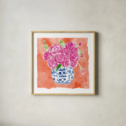 Chinoiserie Roses II by Farida Zaman. Shown in a natural wood glass frame for a timeless modern aesthetic. Available as an archival giclee rolled canvas, fine art paper, or poster print. SKU 55701a.