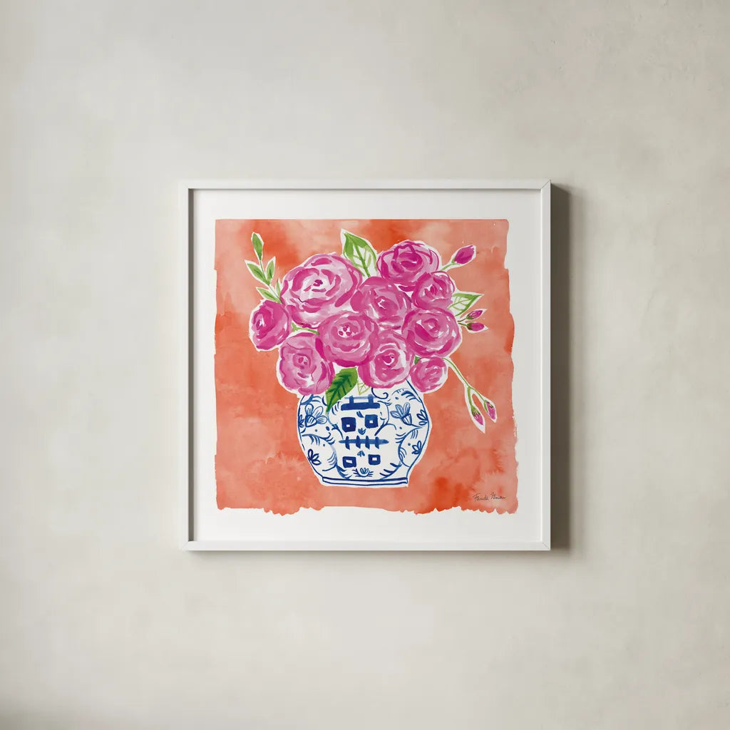 Chinoiserie Roses II by Farida Zaman. Shown in a crisp white glass frame for a clean and minimalist style. Available as an archival giclee rolled canvas, fine art paper, or poster print. SKU 55701a.