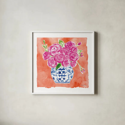 Chinoiserie Roses II by Farida Zaman. Shown in a crisp white glass frame for a clean and minimalist style. Available as an archival giclee rolled canvas, fine art paper, or poster print. SKU 55701a.