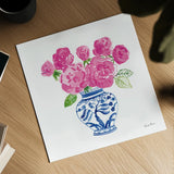 Chinoiserie Roses on White I by Farida Zaman. Shown as a detailed flat fine art print, highlighting archival giclee quality. Available as an archival giclee rolled canvas, fine art paper, or poster print. SKU 55702a.