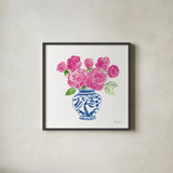 Chinoiserie Roses on White I by Farida Zaman. Shown in a sleek black glass frame for a contemporary gallery look. Available as an archival giclee rolled canvas, fine art paper, or poster print. SKU 55702a.