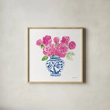 Chinoiserie Roses on White I by Farida Zaman. Shown in a natural wood glass frame for a timeless modern aesthetic. Available as an archival giclee rolled canvas, fine art paper, or poster print. SKU 55702a.