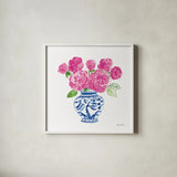 Chinoiserie Roses on White I by Farida Zaman. Shown in a crisp white glass frame for a clean and minimalist style. Available as an archival giclee rolled canvas, fine art paper, or poster print. SKU 55702a.