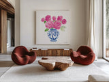 Chinoiserie Roses on White I by Farida Zaman. Shown as extra-large giant wall art in a modern living room. Available as an archival giclee rolled canvas, fine art paper, or poster print. SKU 55702a.