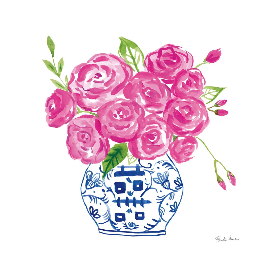 Chinoiserie Roses on White II by Farida Zaman. SKU 55703a. Archival Giclee Fine art print for wall decor.