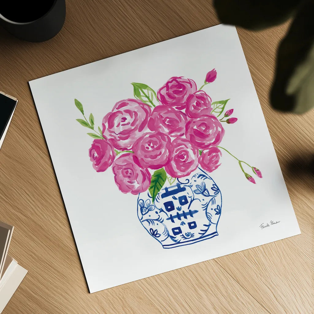 Chinoiserie Roses on White II by Farida Zaman. Shown as a detailed flat fine art print, highlighting archival giclee quality. Available as an archival giclee rolled canvas, fine art paper, or poster print. SKU 55703a.