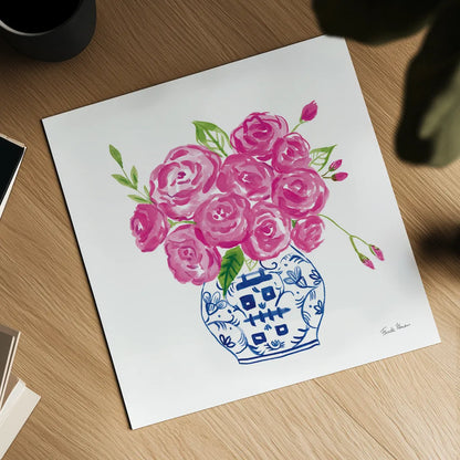 Chinoiserie Roses on White II by Farida Zaman. Shown as a detailed flat fine art print, highlighting archival giclee quality. Available as an archival giclee rolled canvas, fine art paper, or poster print. SKU 55703a.