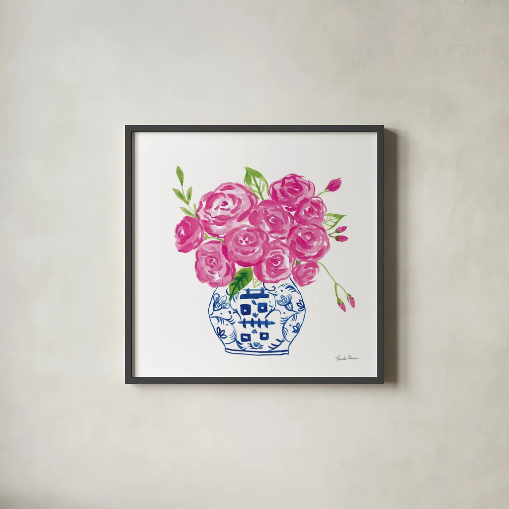 Chinoiserie Roses on White II by Farida Zaman. Shown in a sleek black glass frame for a contemporary gallery look. Available as an archival giclee rolled canvas, fine art paper, or poster print. SKU 55703a.
