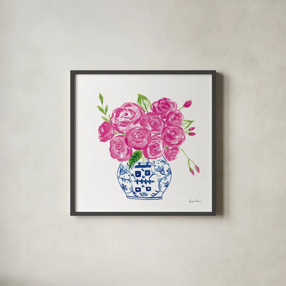 Chinoiserie Roses on White II by Farida Zaman. Shown in a sleek black glass frame for a contemporary gallery look. Available as an archival giclee rolled canvas, fine art paper, or poster print. SKU 55703a.
