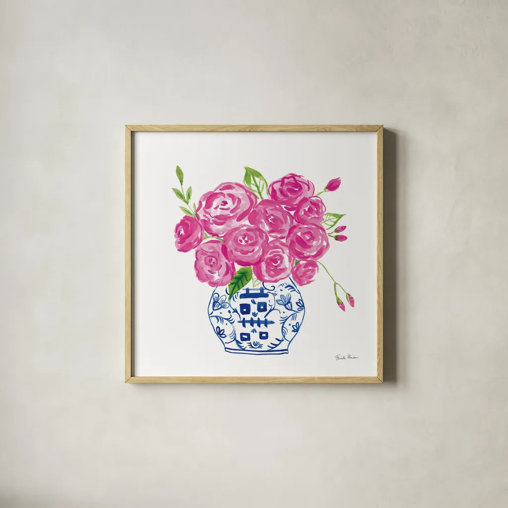 Chinoiserie Roses on White II by Farida Zaman. Shown in a natural wood glass frame for a timeless modern aesthetic. Available as an archival giclee rolled canvas, fine art paper, or poster print. SKU 55703a.