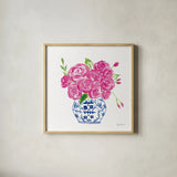 Chinoiserie Roses on White II by Farida Zaman. Shown in a natural wood glass frame for a timeless modern aesthetic. Available as an archival giclee rolled canvas, fine art paper, or poster print. SKU 55703a.