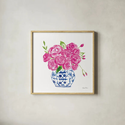 Chinoiserie Roses on White II by Farida Zaman. Shown in a natural wood glass frame for a timeless modern aesthetic. Available as an archival giclee rolled canvas, fine art paper, or poster print. SKU 55703a.