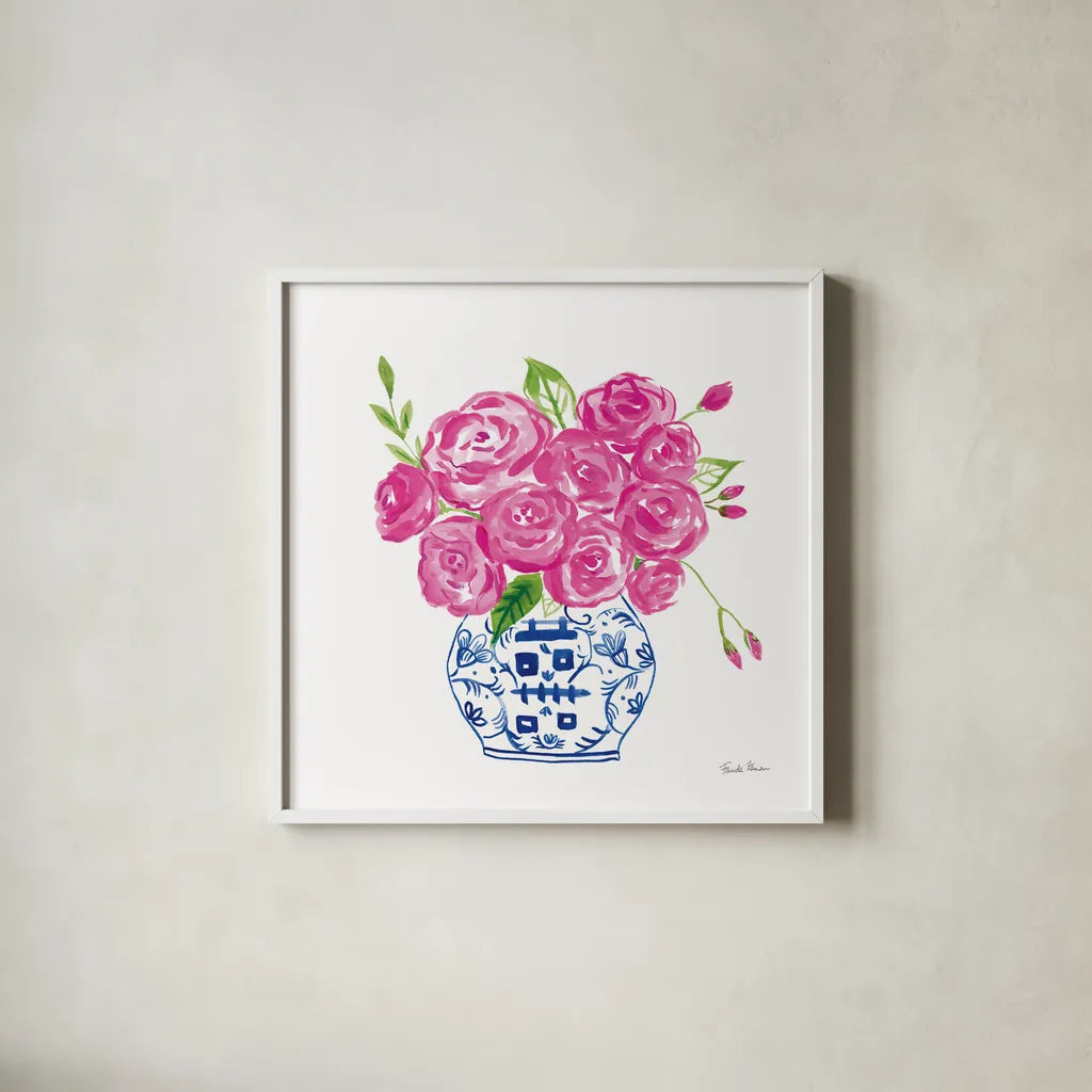 Chinoiserie Roses on White II by Farida Zaman. Shown in a crisp white glass frame for a clean and minimalist style. Available as an archival giclee rolled canvas, fine art paper, or poster print. SKU 55703a.