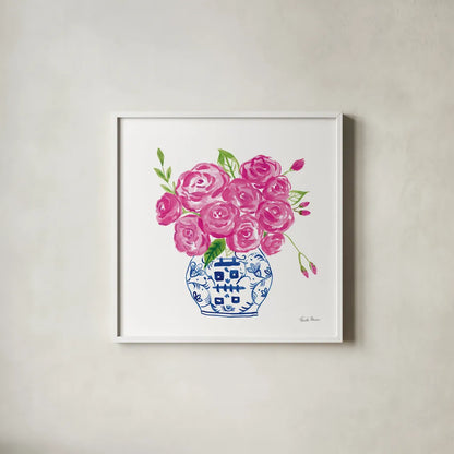 Chinoiserie Roses on White II by Farida Zaman. Shown in a crisp white glass frame for a clean and minimalist style. Available as an archival giclee rolled canvas, fine art paper, or poster print. SKU 55703a.