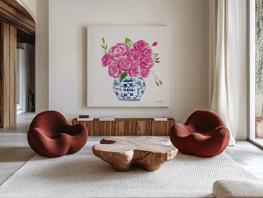 Chinoiserie Roses on White II by Farida Zaman. Shown as extra-large giant wall art in a modern living room. Available as an archival giclee rolled canvas, fine art paper, or poster print. SKU 55703a.