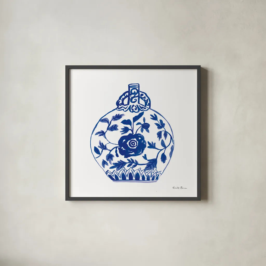 Chinoiserie V by Farida Zaman. Shown in a sleek black glass frame for a contemporary gallery look. Available as an archival giclee rolled canvas, fine art paper, or poster print. SKU 44129a.