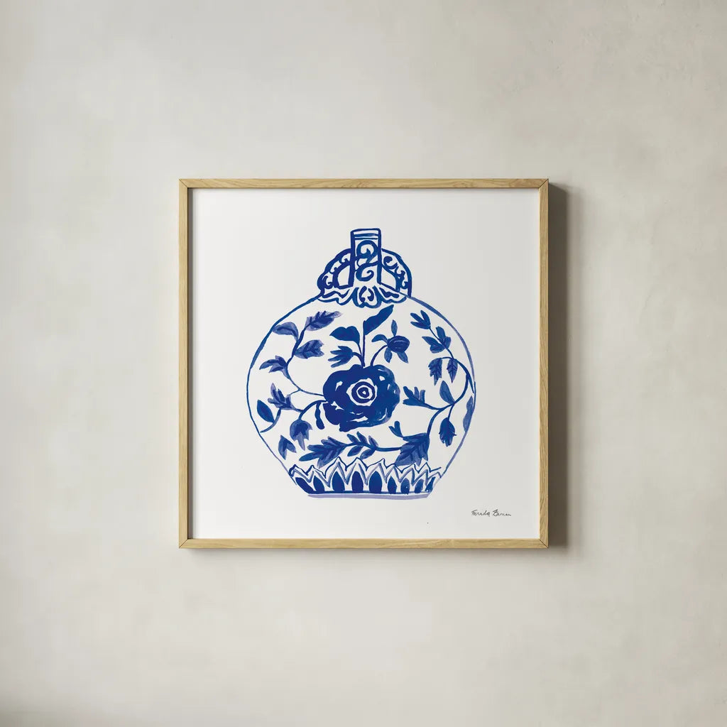 Chinoiserie V by Farida Zaman. Shown in a natural wood glass frame for a timeless modern aesthetic. Available as an archival giclee rolled canvas, fine art paper, or poster print. SKU 44129a.