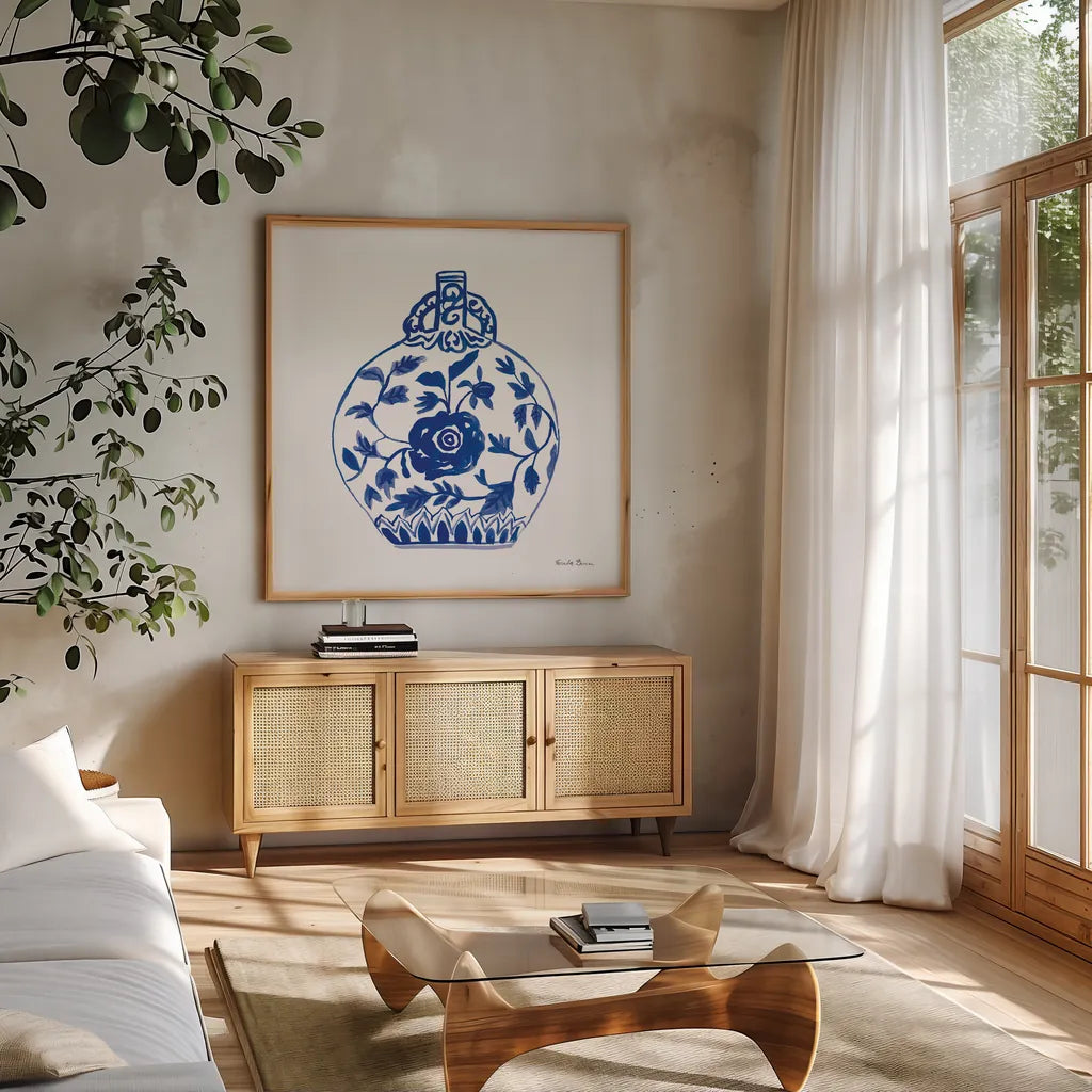 Chinoiserie V by Farida Zaman. Shown in a natural wood frame in a cozy modern living room. Available as an archival giclee rolled canvas, fine art paper, or poster print. SKU 44129a.