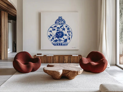 Chinoiserie V by Farida Zaman. Shown as extra-large giant wall art in a modern living room. Available as an archival giclee rolled canvas, fine art paper, or poster print. SKU 44129a.