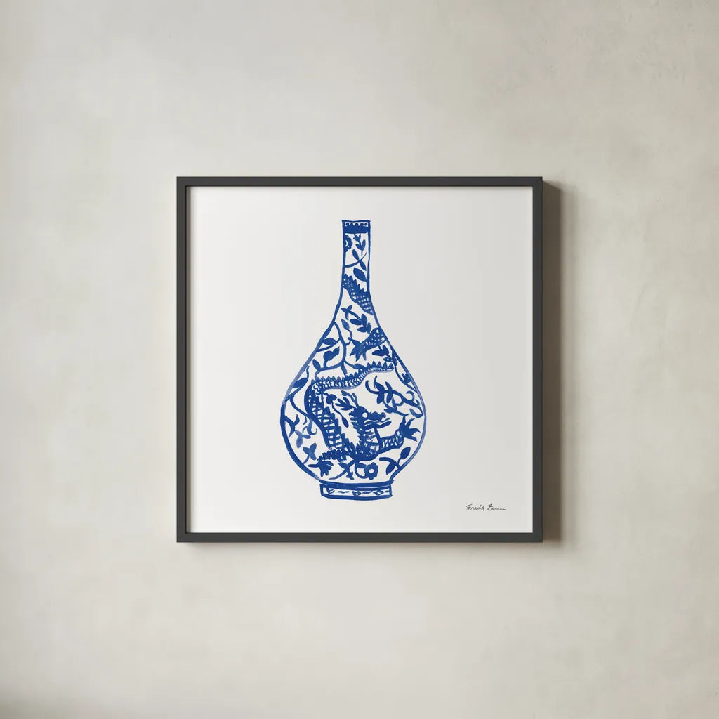 Chinoiserie VI by Farida Zaman. Shown in a sleek black glass frame for a contemporary gallery look. Available as an archival giclee rolled canvas, fine art paper, or poster print. SKU 44130a.