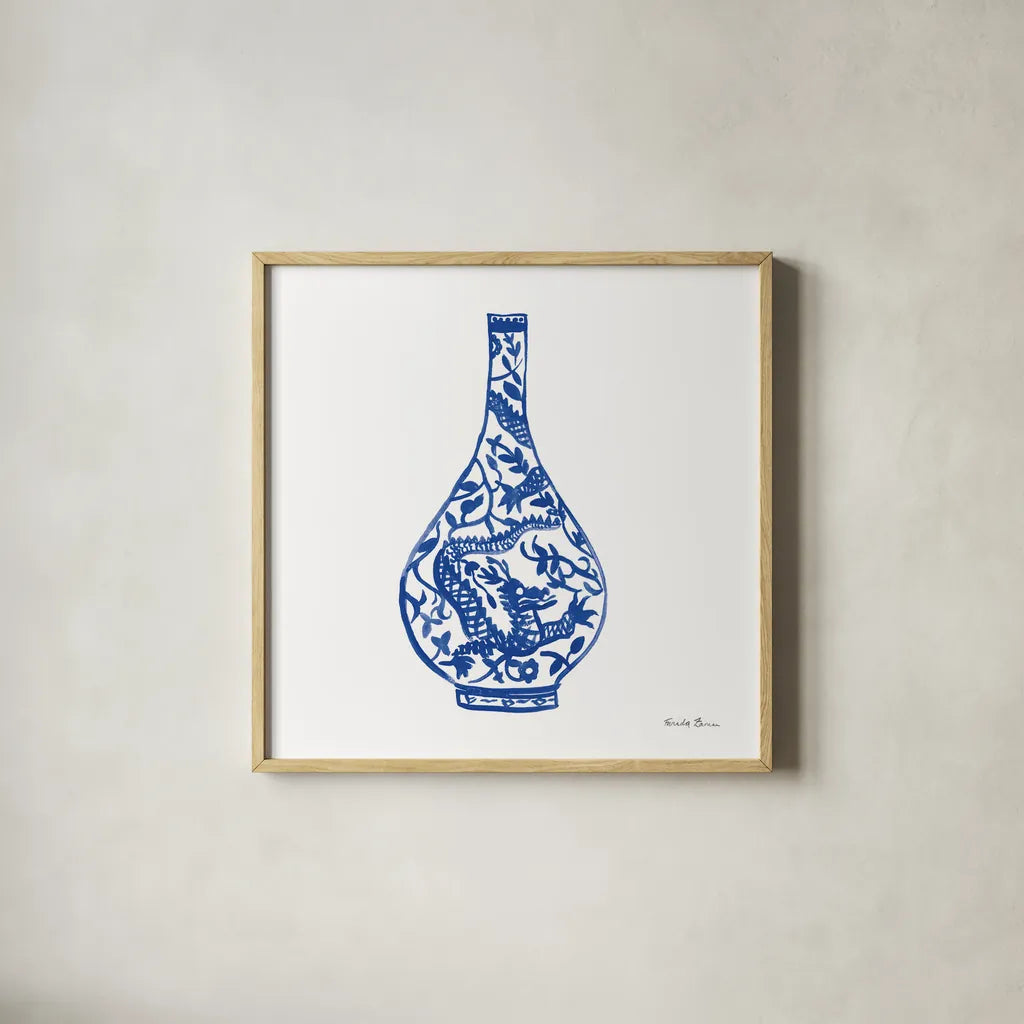 Chinoiserie VI by Farida Zaman. Shown in a natural wood glass frame for a timeless modern aesthetic. Available as an archival giclee rolled canvas, fine art paper, or poster print. SKU 44130a.