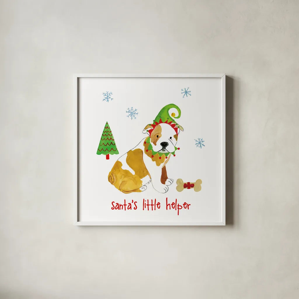 Christmas Critters I by Farida Zaman. Shown in a crisp white glass frame for a clean and minimalist style. Available as an archival giclee rolled canvas, fine art paper, or poster print. SKU 45841a.