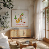 Christmas Critters I by Farida Zaman. Shown in a natural wood frame in a cozy modern living room. Available as an archival giclee rolled canvas, fine art paper, or poster print. SKU 45841a.