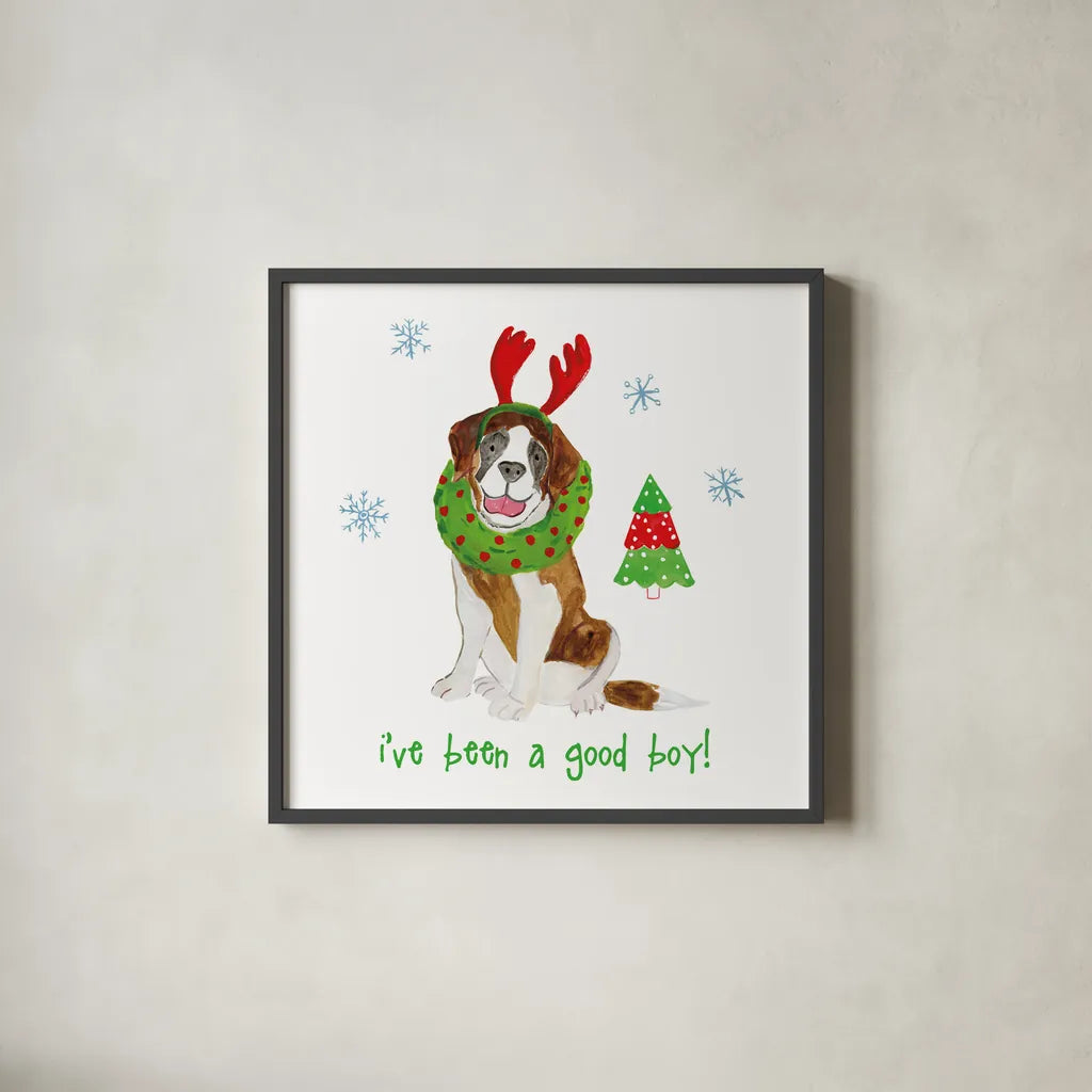Christmas Critters II by Farida Zaman. Shown in a sleek black glass frame for a contemporary gallery look. Available as an archival giclee rolled canvas, fine art paper, or poster print. SKU 45842a.