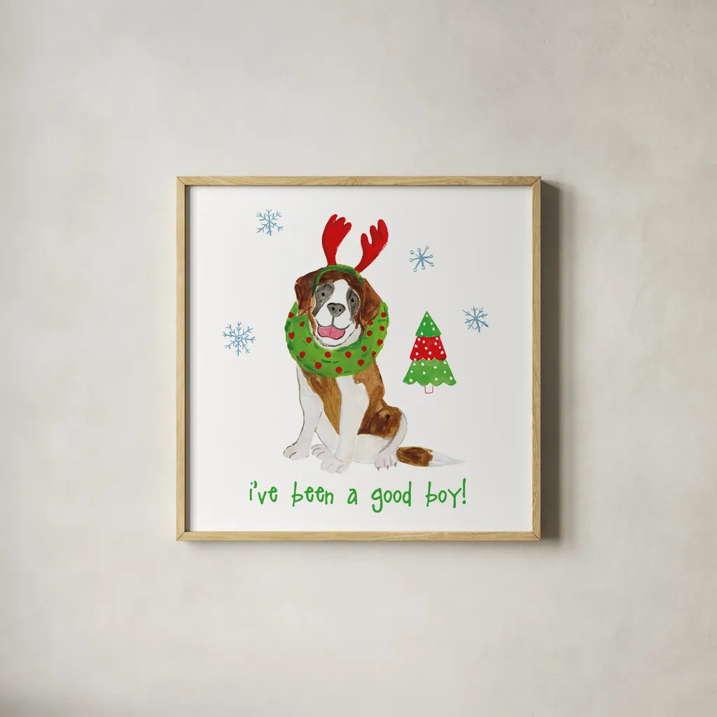 Christmas Critters II by Farida Zaman. Shown in a natural wood glass frame for a timeless modern aesthetic. Available as an archival giclee rolled canvas, fine art paper, or poster print. SKU 45842a.