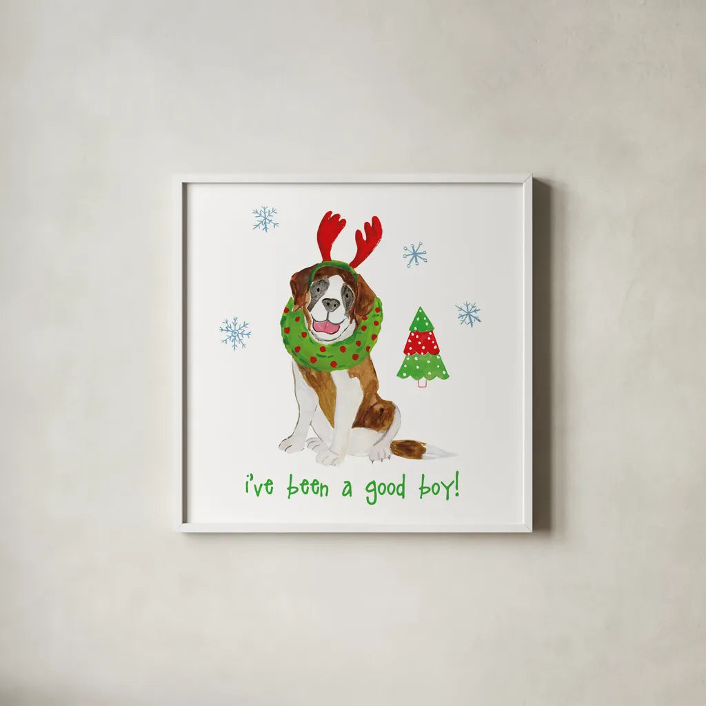 Christmas Critters II by Farida Zaman. Shown in a crisp white glass frame for a clean and minimalist style. Available as an archival giclee rolled canvas, fine art paper, or poster print. SKU 45842a.