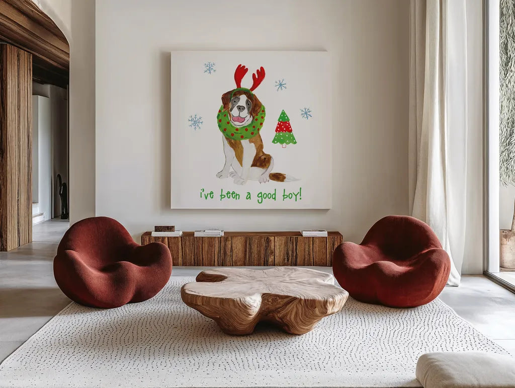 Christmas Critters II by Farida Zaman. Shown as extra-large giant wall art in a modern living room. Available as an archival giclee rolled canvas, fine art paper, or poster print. SKU 45842a.