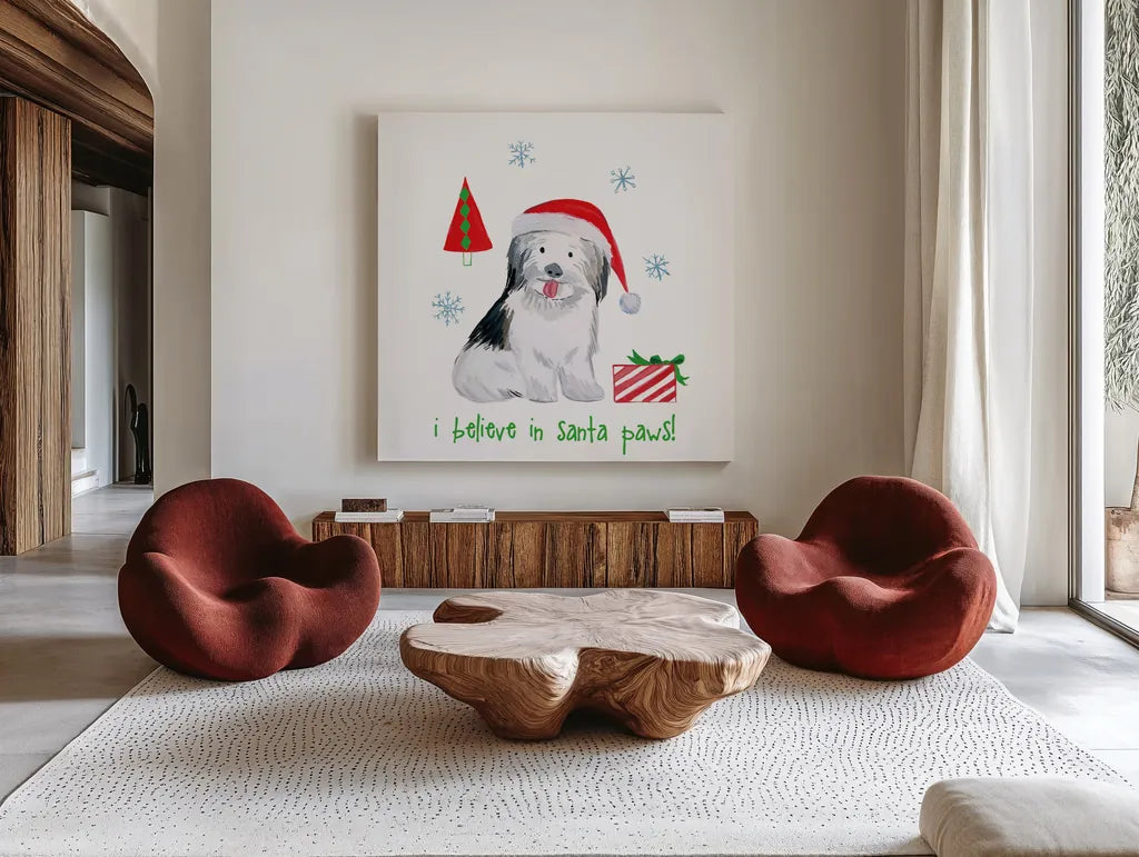 Christmas Critters III by Farida Zaman. Shown as extra-large giant wall art in a modern living room. Available as an archival giclee rolled canvas, fine art paper, or poster print. SKU 45843a.