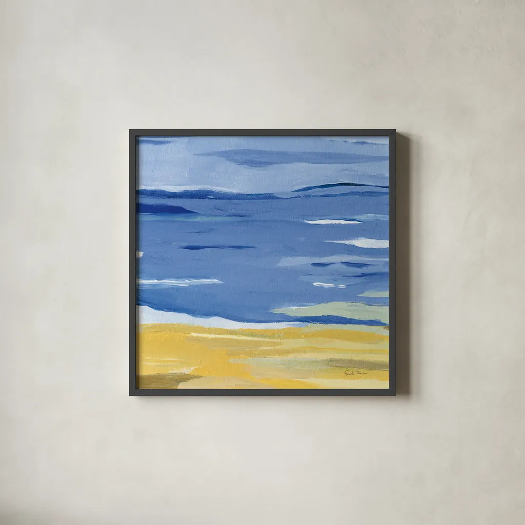 Coastal Abstract by Farida Zaman. Shown in a sleek black glass frame for a contemporary gallery look. Available as an archival giclee rolled canvas, fine art paper, or poster print. SKU 60386a.