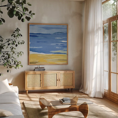 Coastal Abstract by Farida Zaman. Shown in a natural wood frame in a cozy modern living room. Available as an archival giclee rolled canvas, fine art paper, or poster print. SKU 60386a.
